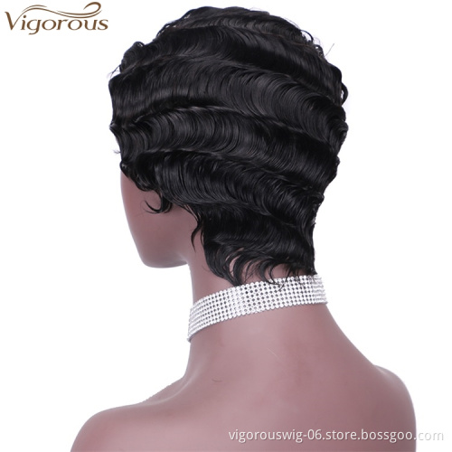 Vigorous Pixie Cut Black Short Curly Wigs for African American Women Real 100% Human Hair Finger Wave Wig